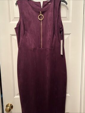 Calvin Klein Plum Midi Sheath Dress with Gold Ring Zip